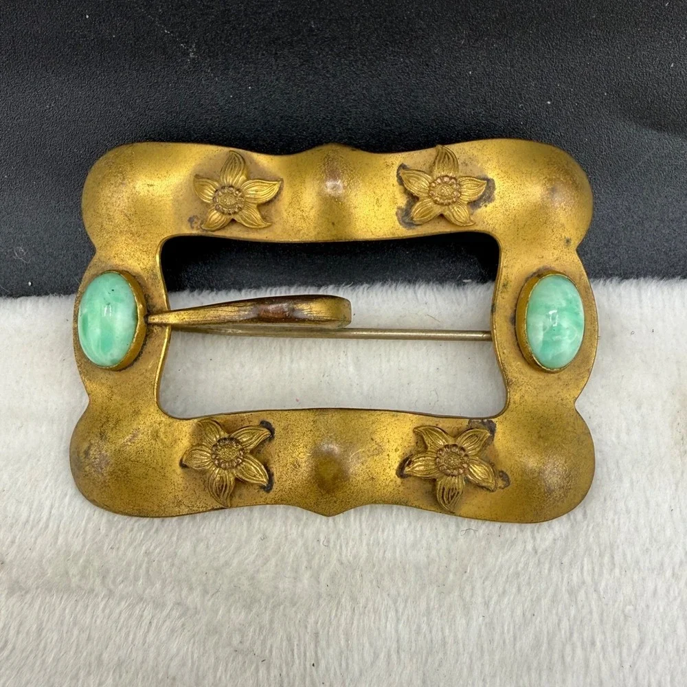 Vintage Sash Brooch Gold Tone Art Deco Green